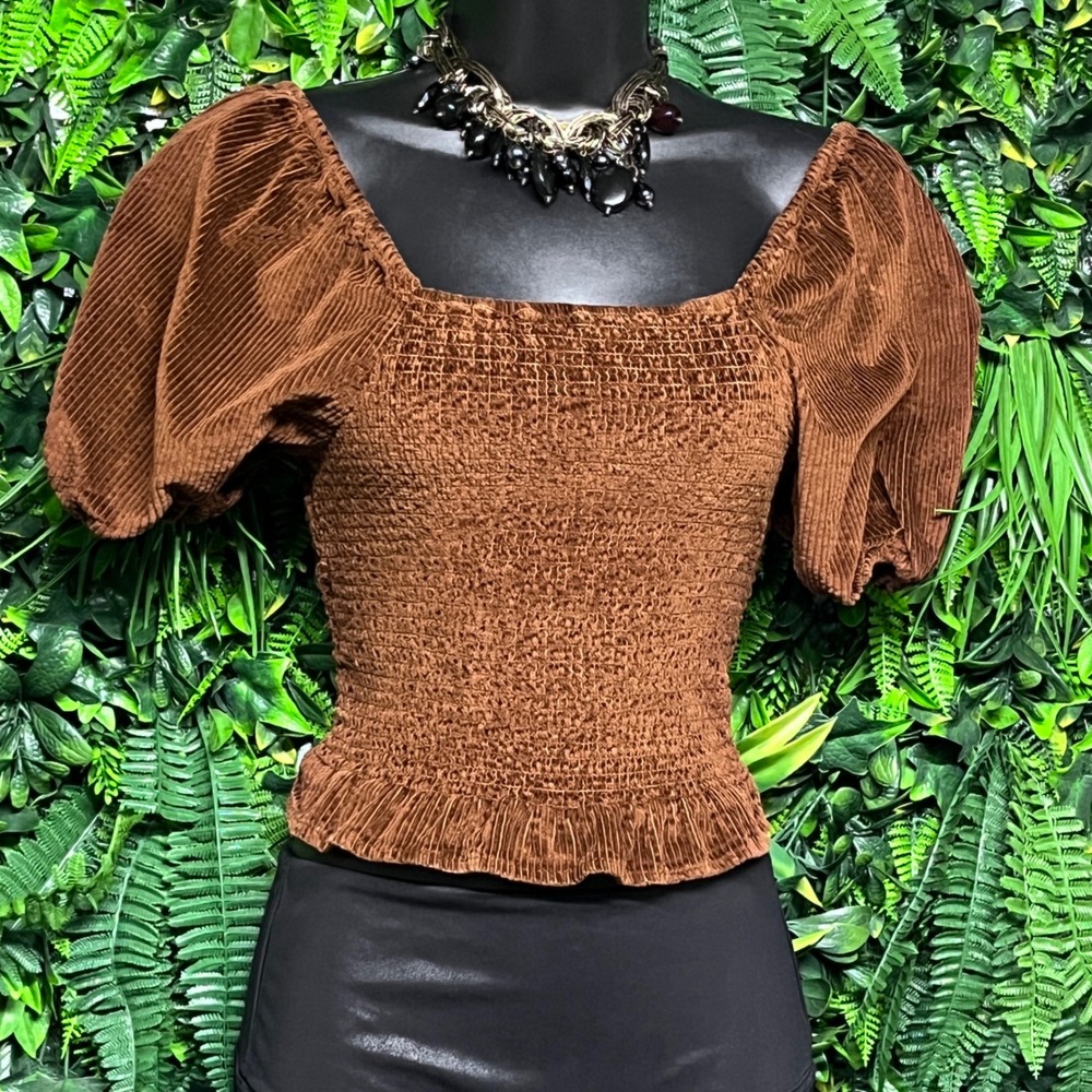 American Eagle Top Womens Small Brown Corduroy Smocked Puff Sleeve Boho 3728